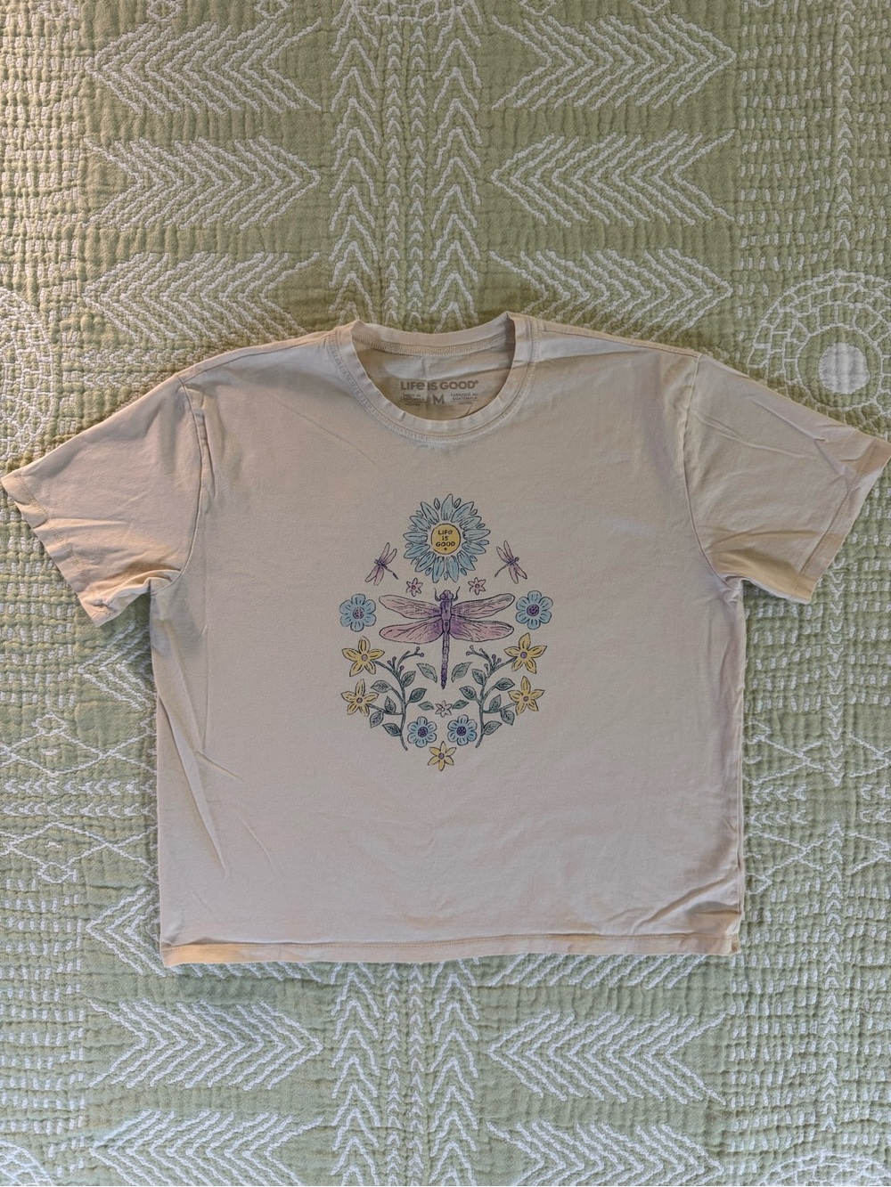 GUC Life Is Good Women’s sz Med Cream Boxy Tee with Dragonfly Floral graphics